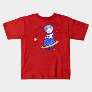 Cute Astronaut Cat Fishing Star On Yarn Wool Planet Cartoon Kids T-Shirt